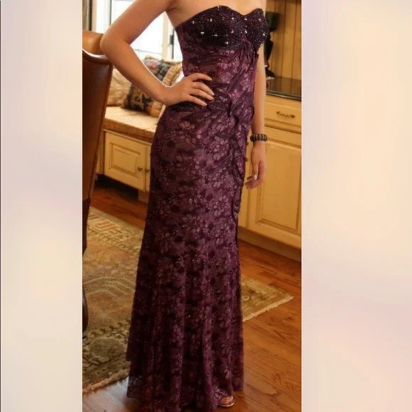 Purple Strapless Mermaid Prom Dress, Lace + Jeweled Detailing - Picture 2 of 6